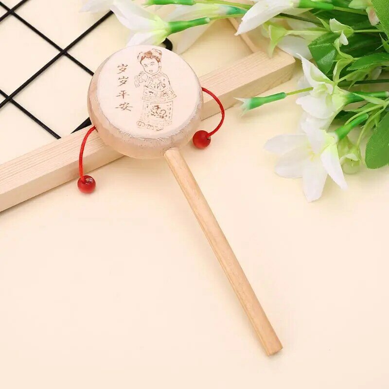 Chocalho de madeira tradicional chinês com desenho, brinquedo musical de bebê y4qa