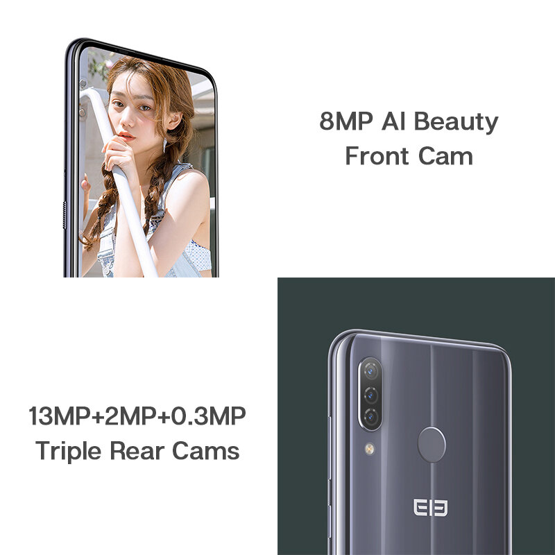 Smartphone elephone a7h versão global, celular com 4gb + 64gb, tela de 6.4 ", android 9.0, bateria de 3900mah, câmera traseira tripla de 13mp cams desbloqueio de impressão digital