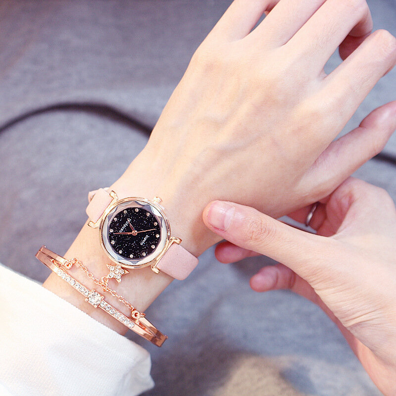 Casual kobiety zegarki zestaw bransoletek Starry Sky bransoletka damska zegarek skórzany zegarek kwarcowy na rękę zegar reloj mujer relogio feminino