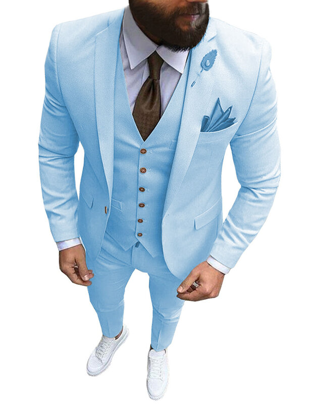 Men Suits 3 Pieces Slim Fit Casual Business Champagne Lapel Khaki Formal Tuxedos for Wedding Groomsmen (Blazer+Pants+Vest)