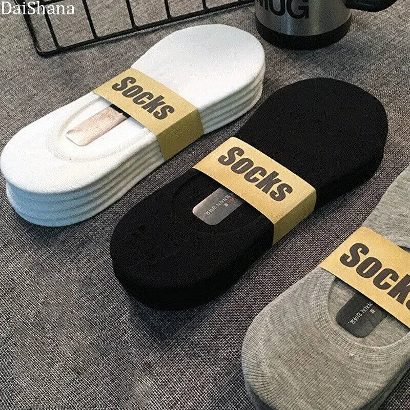 5 pares de verão fino invisível algodão meias masculinas silicone antiderrapante meias para homens respirável cor pura moda barco meias