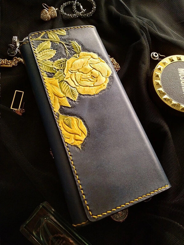女性のための手作りの黄色いバラの財布,長い革の財布,プールホルダー
