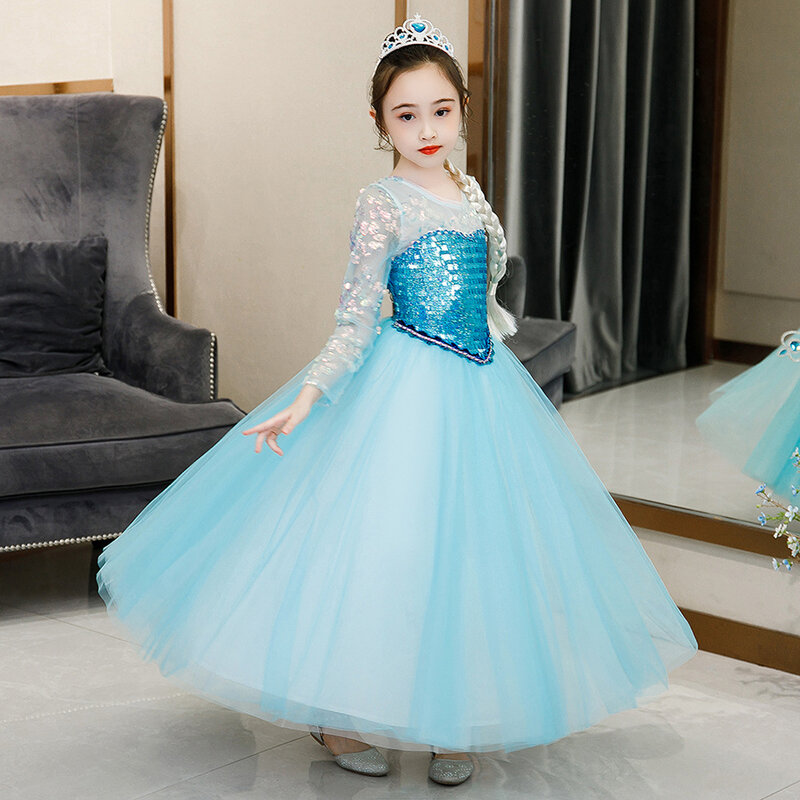 VOGUEON Luxus Pailletten Kleid Mädchen Schnee Königin Elsa Kostüm Für Geburtstag Partei Phantasie Cosplay Prinzessin Vestido Elza Kleidung Kind