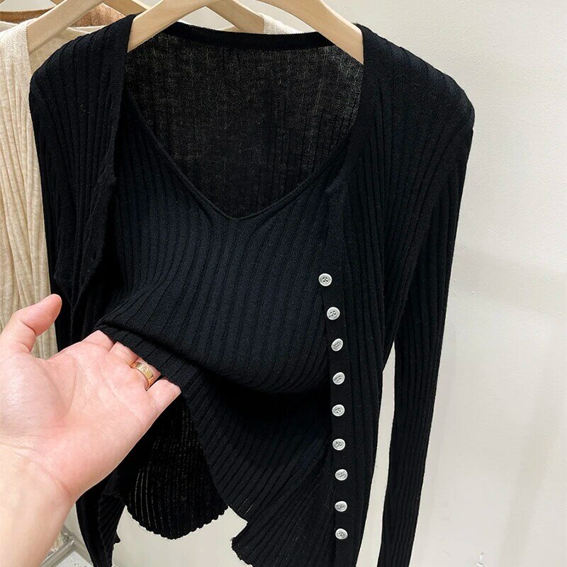 Moda coreana com decote em v emendamento camisola de fundo feminino outono falso de duas peças pulôver camisola de malha pull femme 17984