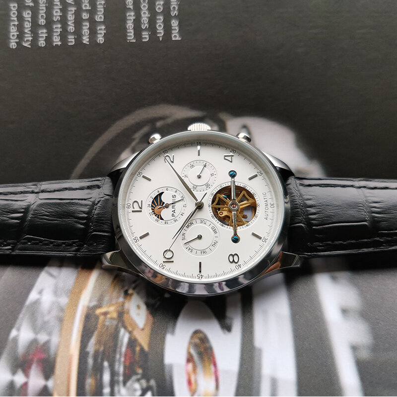 Parnis 43มม.สีขาวอัตโนมัติชายนาฬิกาดวงจันทร์เฟสปฏิทินนาฬิกาข้อมือ JHS35 Movement Mechanical Man กล่องนาฬิกาของขวัญ