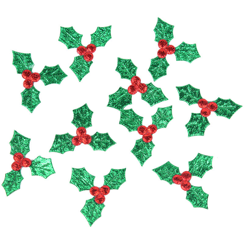 100Pcs carino Glitter verde foglia di alluminfoglio e bacche rosse decorazione natalizia decorazione della tavola accessori in tessuto fai-da-te Stick-on