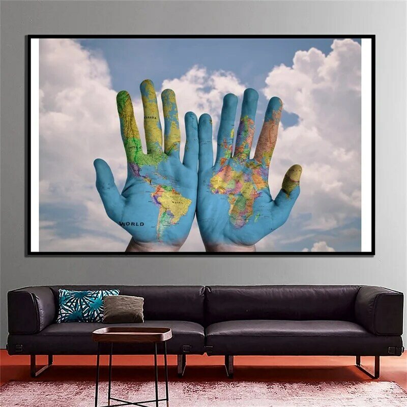 Карта мира 225*150 см, карта в форме руки, Нетканая Картина на холсте, настенный плакат, творческие принты, школьные классные принадлежности