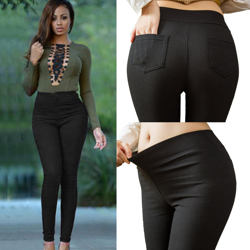 Pantalon décontracté taille haute en coton pour femmes, avec poches, extensible, slim, couleur unie, crayon, fjFashion, slim, long, grande taille