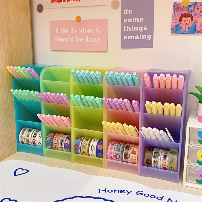 Portalápices de escritorio de 4 rejillas de Color caramelo, organizador de almacenamiento de pinceles de maquillaje, lápiz labial, papelería escolar, Kawaii, tamaño pequeño y grande