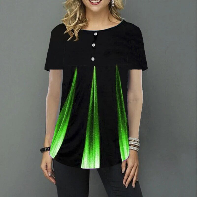 3D w paski z krótkim rękawem bluzki damskie lato O-neck luźna tunika Casual Ladies bluzka 2020 Plus rozmiar 5XL kobieta przycisk