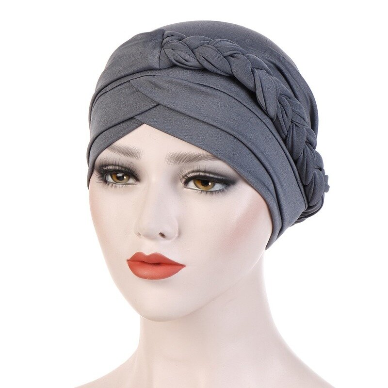 Kebahoo topi Turban rontok rambut Muslim wanita, topi Kemo kanker warna Solid, syal kepala kepang, topi Beanie Bonnet