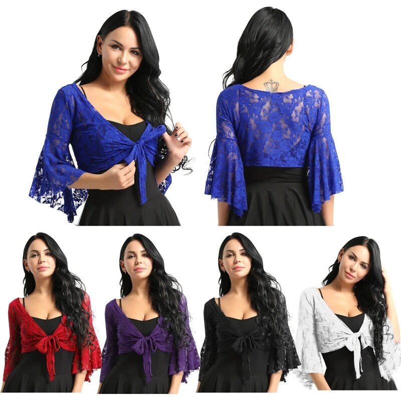 Womens Long Flare Sleeve Belly Dance Lace Top Bolero Shrug Fashion Cover Up Open Front Cardigan Wraps