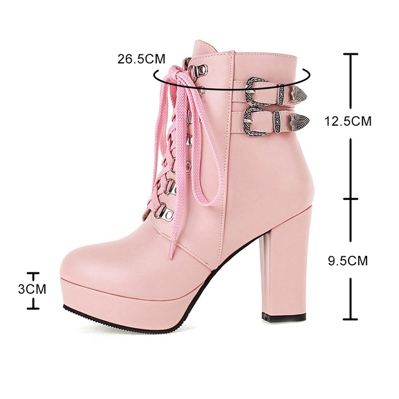 Women Platform Ankle Boots Ladies Lace Up Booties Fashion High Heels Shoes Autumn Round Toe Buckle Thick Chunky Heel Boot