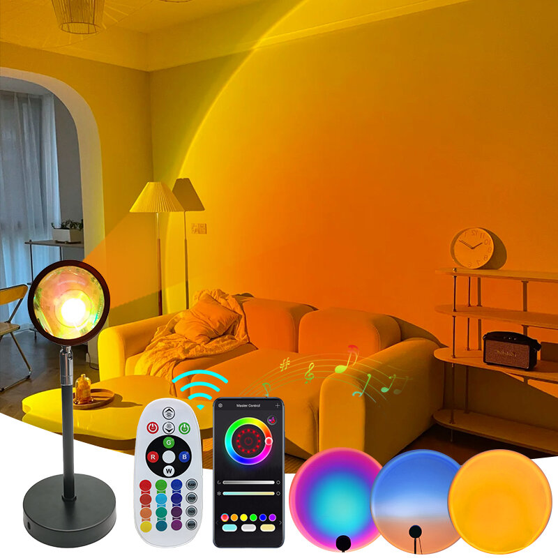 Rgb Sunset Lamp 16 kolorów zdalna aplikacja Bluetooth aluminiowa soczewka Sunset lampa projektora Rainbow atmosfera Led żarówki 5W lampki nocne