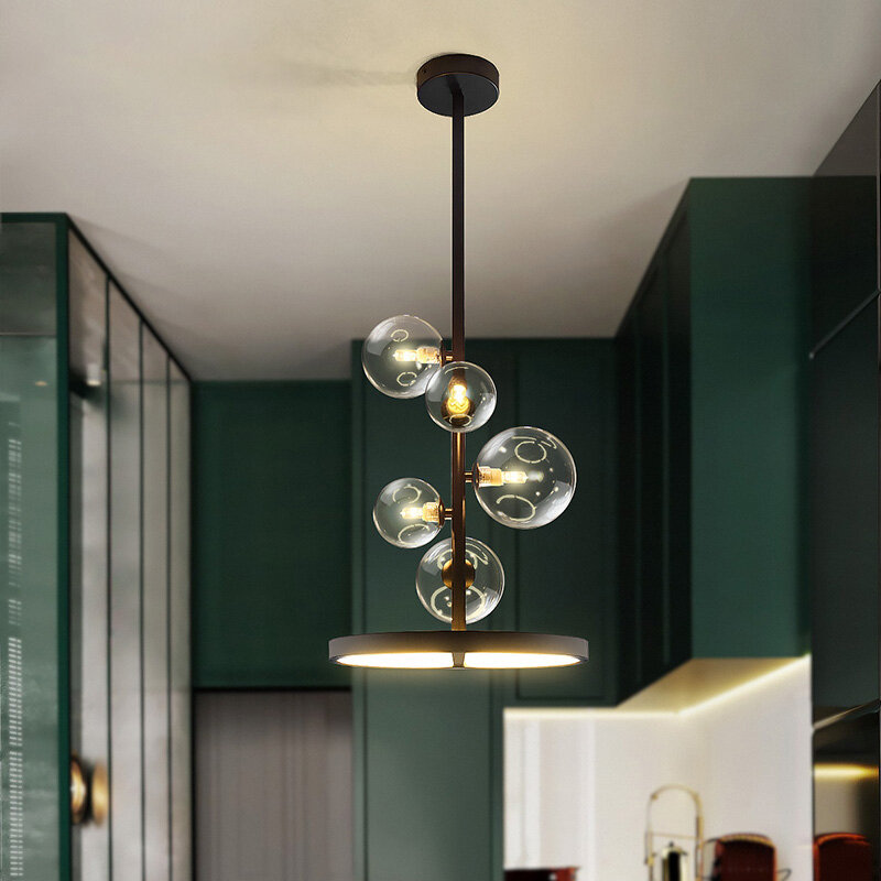 Luces colgantes nórdicas americanas, Bola de burbuja de cristal creativa, 5 cabezas, accesorio de luz colgante LED G9 de hierro negro para restaurante y sala de estar