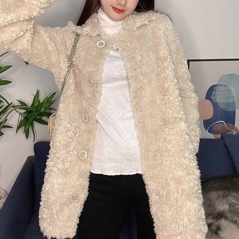 Cashmere Grain 2022 Autumn Winter New Womens Lamb Wool Fur Coat Office Lady Long Elegant Solid Korean Style Casual Outerwear