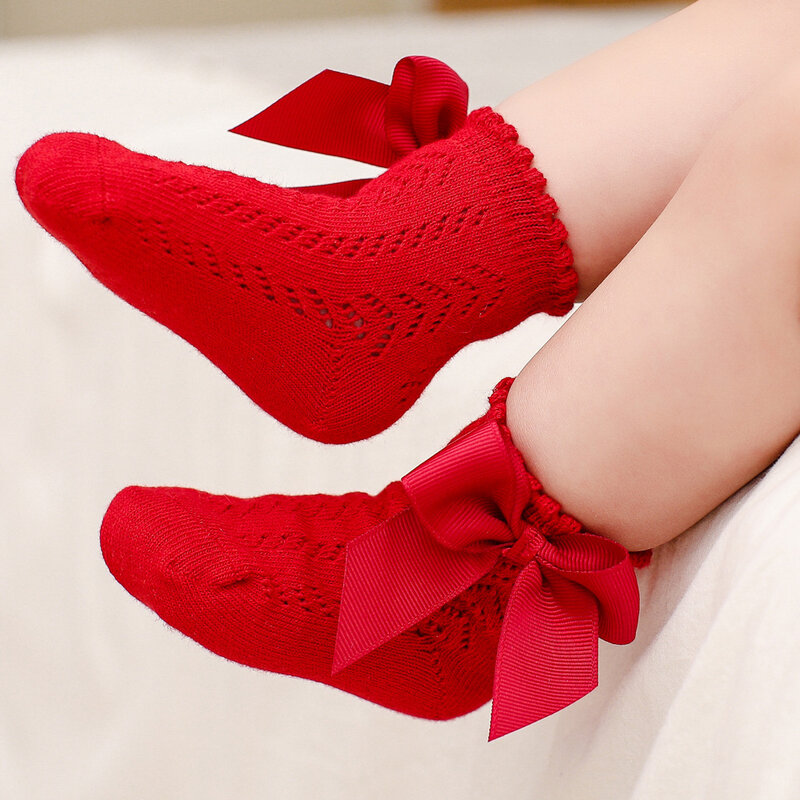 Носки для маленьких девочек с большим бантом, дышащие короткие носки для новорожденных девочек, ажурные хлопковые детские носки принцессы для малышей от 0 до 5 лет