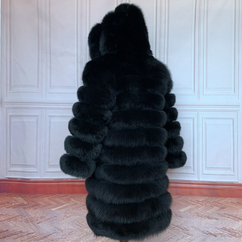 Abrigo largo de piel auténtica para mujer, chaqueta de piel de zorro Natural con capucha, talla grande, alta calidad, invierno, 2022