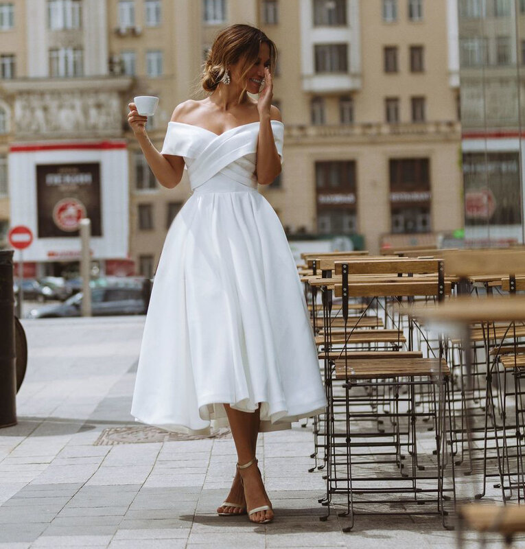 LORIE Simple Tea-length Wedding Dress Off the shoulder White Ivory Satin A-line Short Bride Gowns Beach Back Lacing Wedding Gown