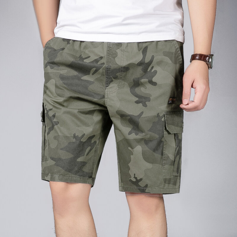 Шорты-карго мужские с эластичным поясом, камуфляжные короткие штаны, повседневные с карманами, уличная одежда, на завязках