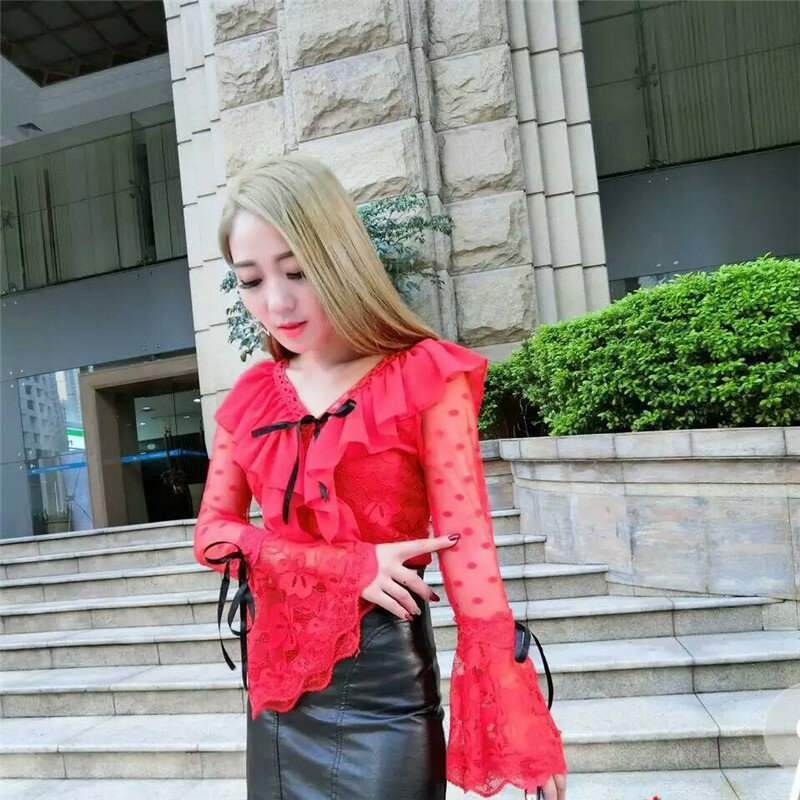 New Women Ruffles Long Sleeve Blouse Spring Autumn V-Neck Bow Hloow Out Lace Shirt Female Flare Sleeve Mesh Blouses Tops AB1849