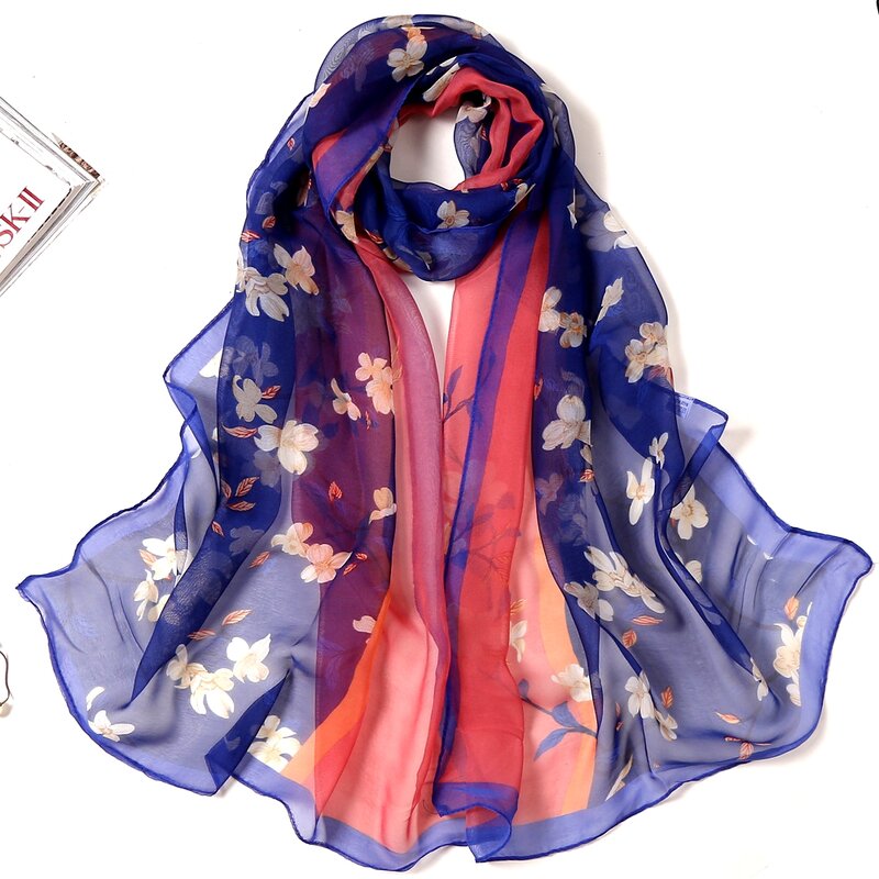 Модные шифоновые шарфы, шелковый шарф, Женский двухцветный Длинный мягкий шарф с цветочным принтом, женский пляжный шарф