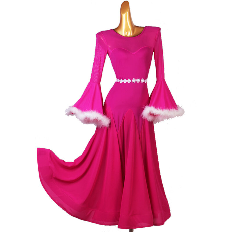 Eleganckie suknie na konkurs tańca towarzyskiego walc sukienka standardowe sukienki do tańca dostosuj D1034 talia dzwonkowy rękaw biust duże obszycie