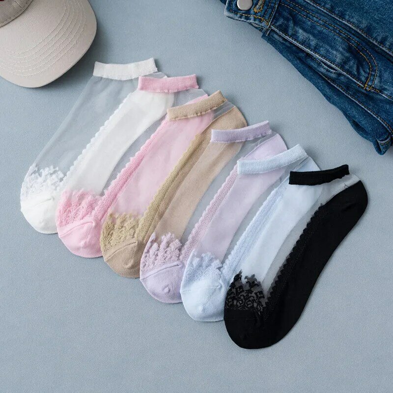 6 Pairs Summer New Female Flower Lace Casual Ankle Socks Soft Silk Thin Transparent Socks Solid Crystal Cute Socks