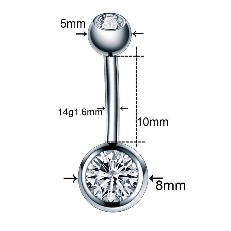 10Pcs /Lot 14G Titanium Navel Piercing Externally Threaded Belly Button Rings Double Gem Cubic Zirconia Pircing Umbigo Jewelry