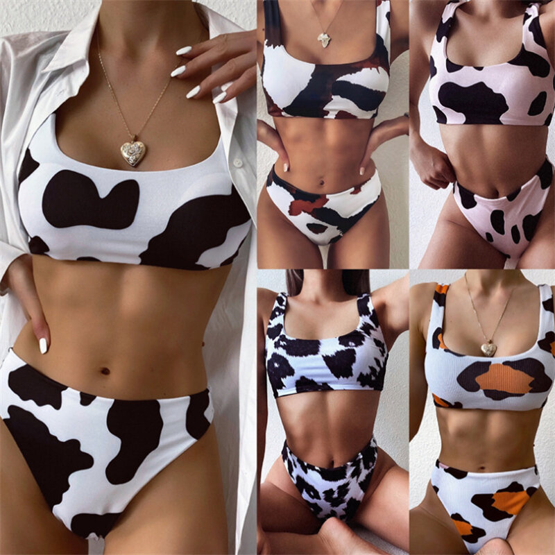 GNIM-Bikini de cintura alta con estampado de vaca para Mujer, traje de baño brasileño de dos piezas, ropa de playa 2020