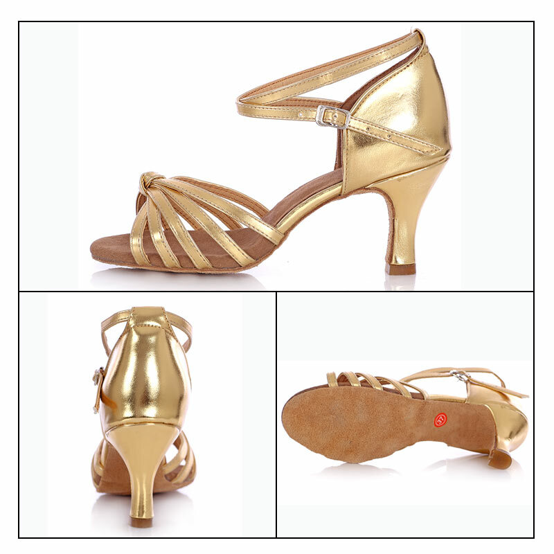 Женские танцевальные туфли для сальсы, искусственная кожа, серебристые, золотистые каблуки, 5/7 см, женская обувь для выступлений