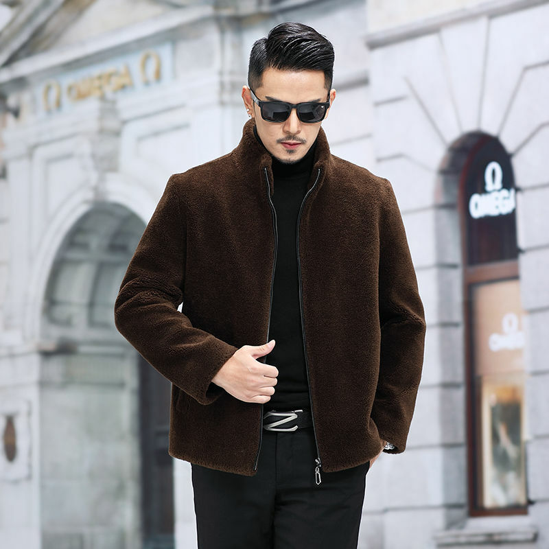 2021 outono inverno novo casaco de lã de pele real dos homens gola ovelha shearling jaqueta casual outwear masculino espessamento b693