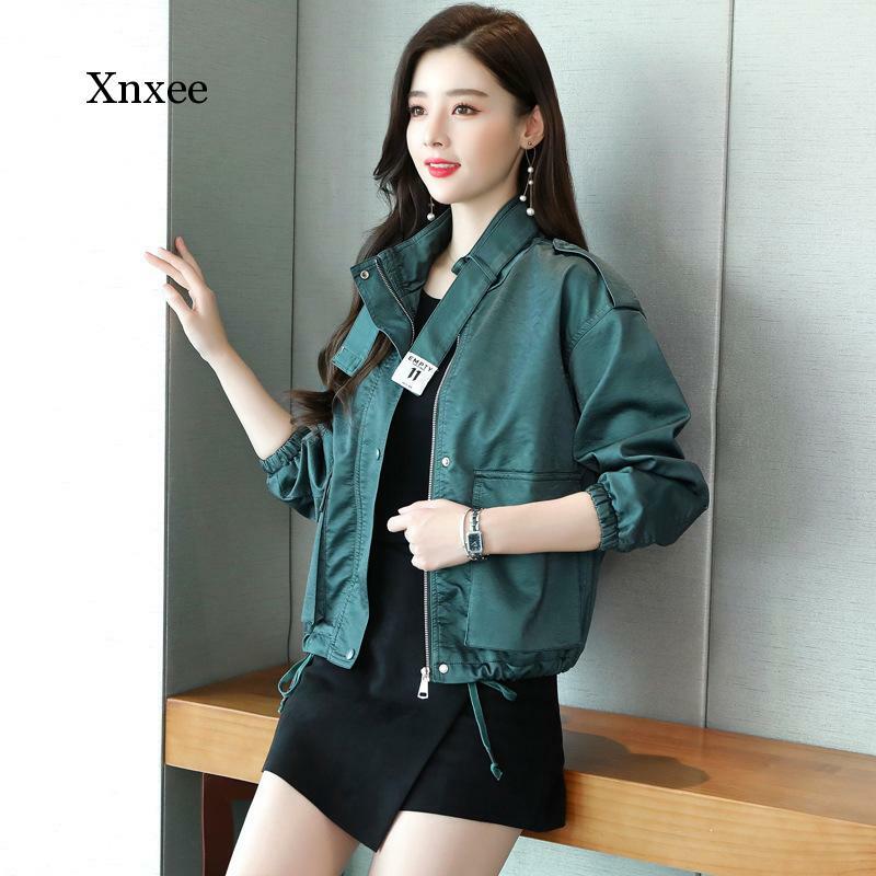 Leather Jackets for Women Green Black PU Leather Spring Autumn Women's Coat Jacket short Motorcycle Clothing punk vintage loose