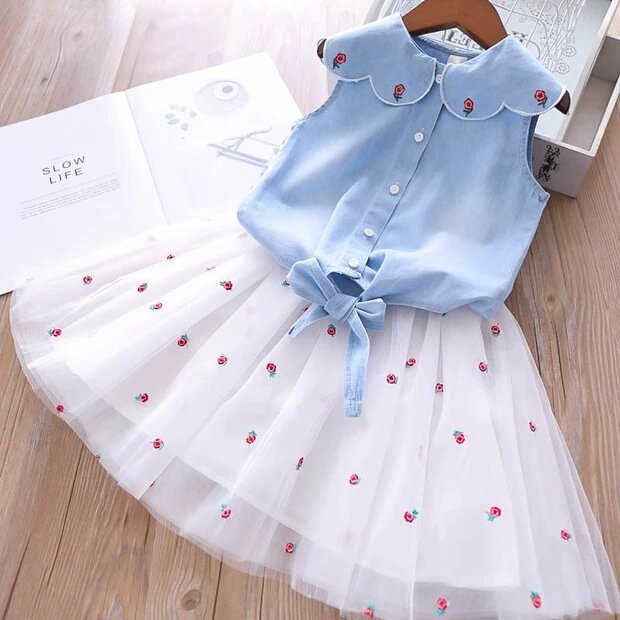 女の子のためのサマーウェアセット韓国の半袖デニムTシャツハイウエストスカート2枚,子供服