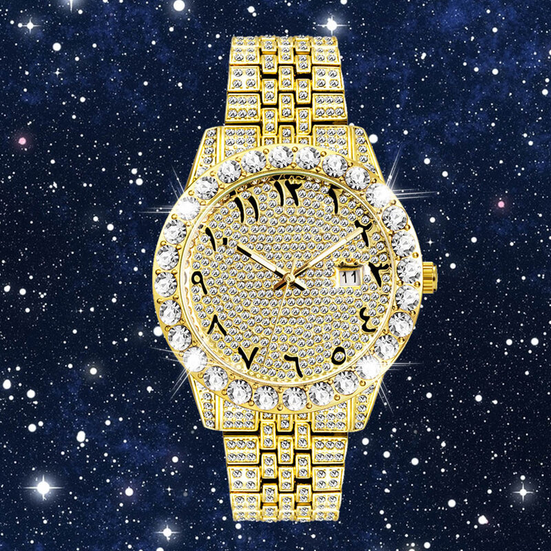18k золотые часы мужские роскошные часы со льдом для мужчин хип-хоп Все бриллианты Модные кварцевые мужские наручные часы водонепроницаемые ...
