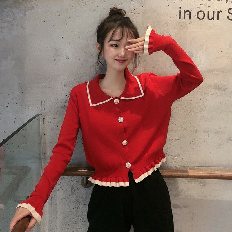 Nieuwe Damestrui Elegante Turn Down Kraag Vrouwelijke Koreaanse Mode Dames Tops Truien Herfst Winterkleding