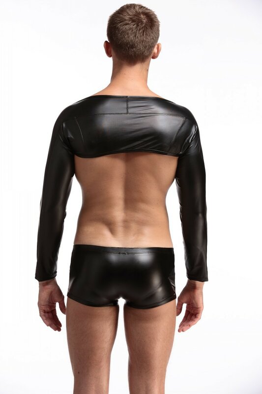 Man Shoulder Tops Shinny PU Leather Sexy Patchwork Crop Top Long Sleeve Men Harness Bodybuilding Stage Costume Gay Exotic Tanks