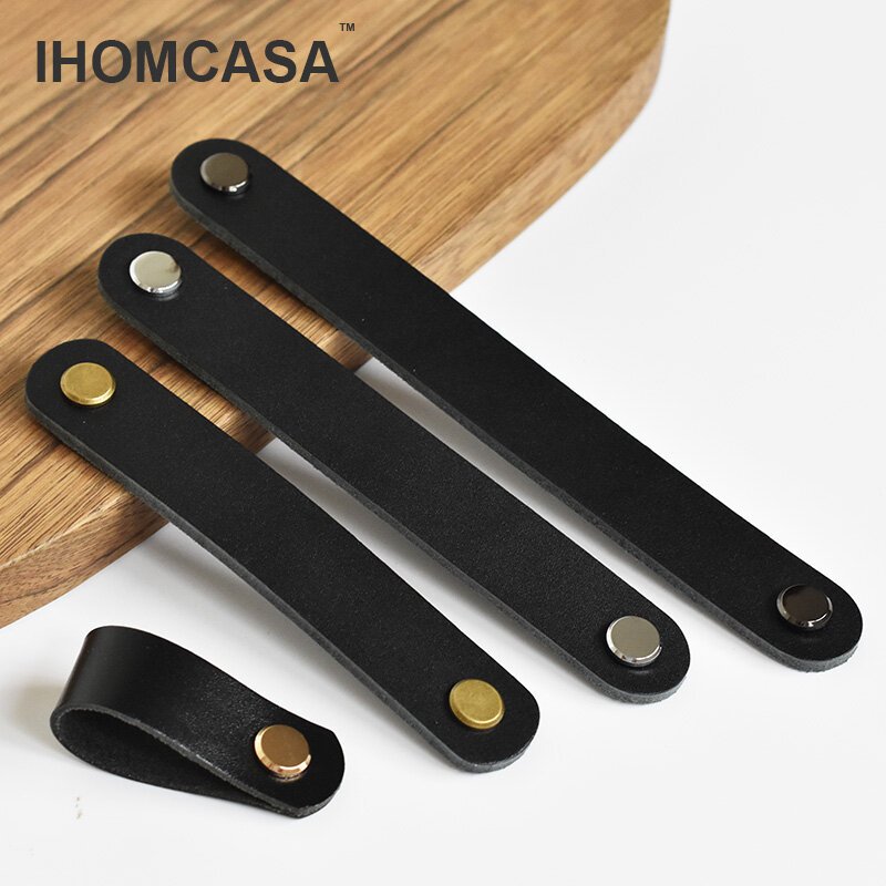 Черные кожаные ручки IHOMCASA, ручка для шкафа для обуви из воловьей кожи, мебельная ручки для дверцы ящика в американском стиле