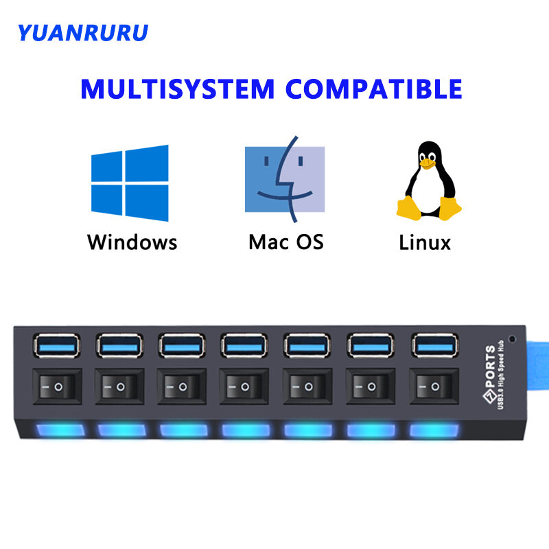 USB Hub 3.0 Hub USB 3 USB 2.0 Multi Splitter Adaptador de Energia, Expansor múltiplo com interruptor para PC Acessórios, 4, 7 Port