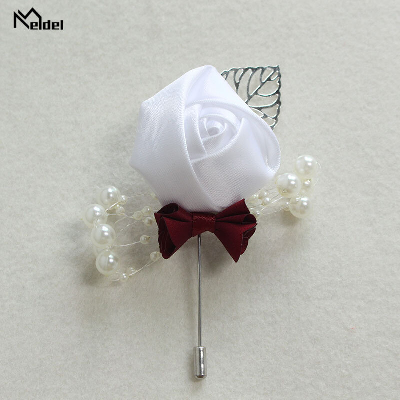 Meldel Dropshipping Boutonniere Men Corsage Groom Boutonniere DIY Wedding Flower Rose Fake Pearl Brooch Party Prom Corsage White