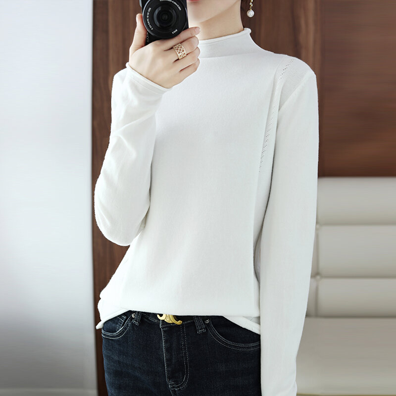 Chaqueta Simple y versátil para mujer, suéter de cuello medio alto, manga larga, tejido de punto, Color sólido, otoño e invierno, 2021