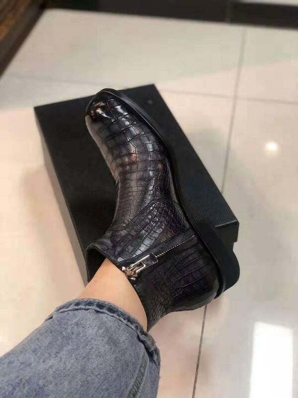 Qualidade superior genuíno real crocodilo barriga pele shinny preto cinza cores zíper de couro dos homens botas de inverno sapatos pele vaca linining