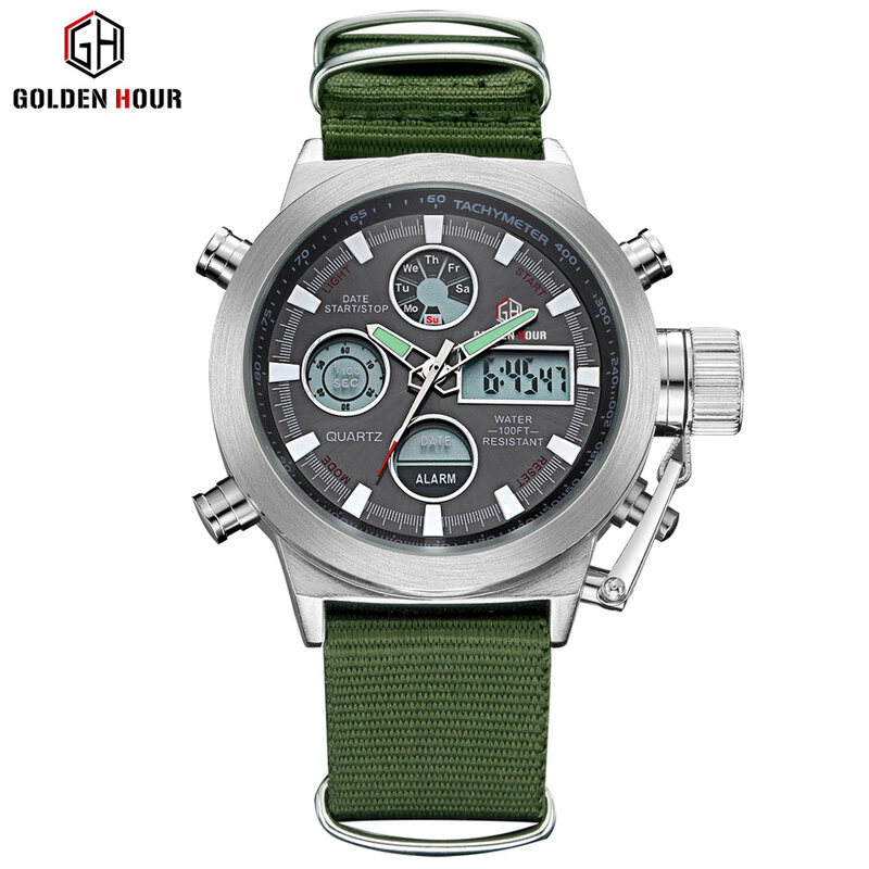 Jam tangan Analog pria, arloji tali nilon Digital olahraga militer anti air kronograf LED sebagai jam tangan