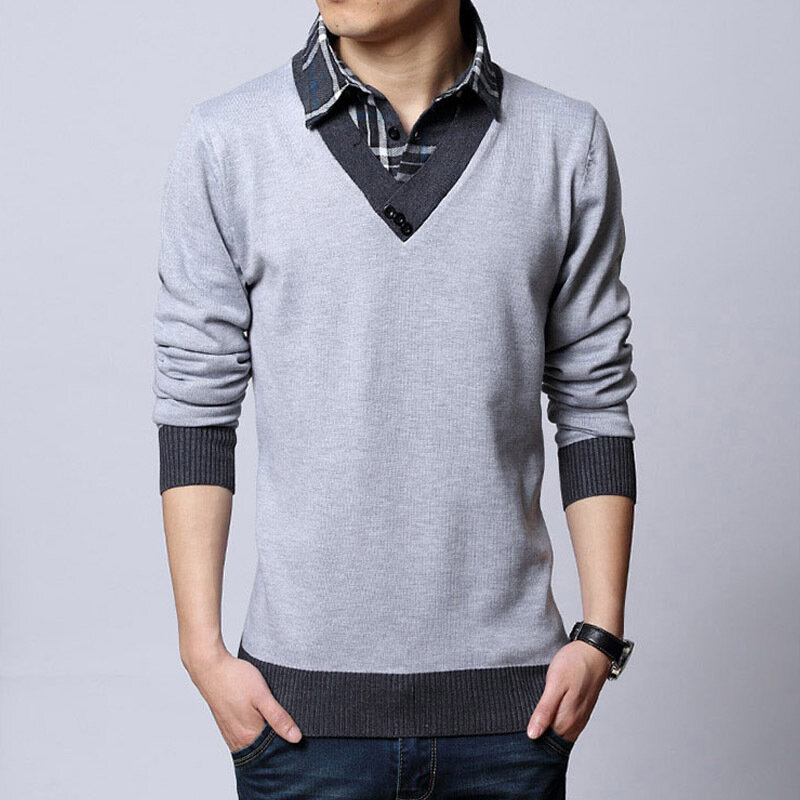 Versão coreana do falso de duas peças de manga comprida camisola masculina outono e inverno modelos camisa gola camisola espessamento