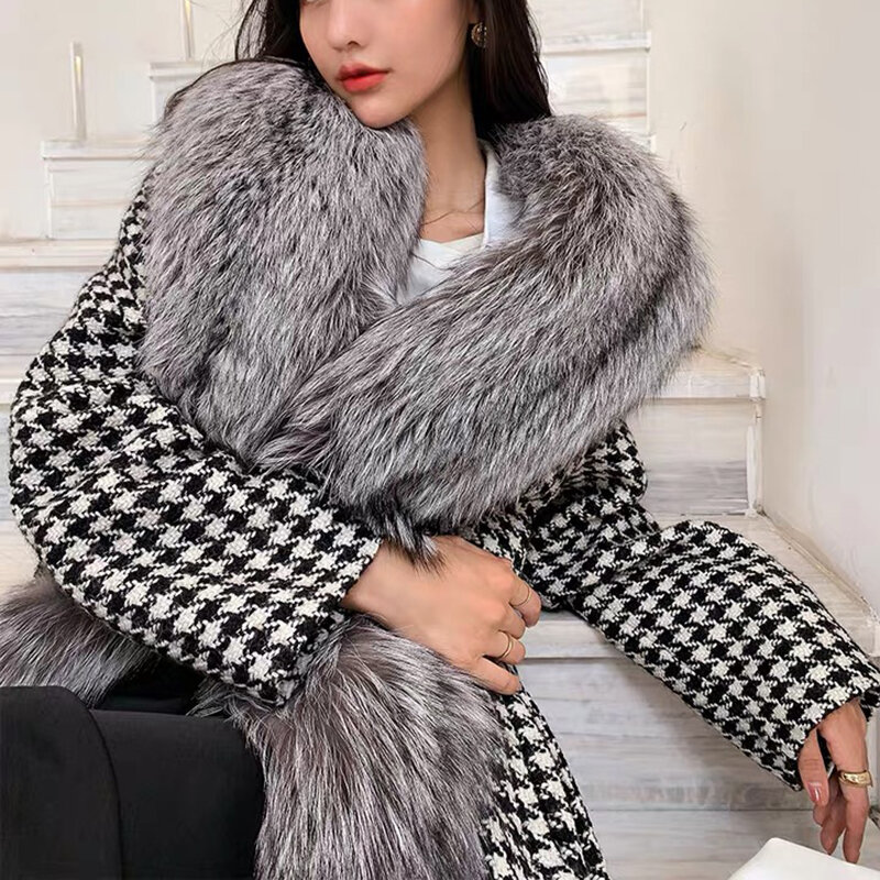 女性の千鳥格子の冬のロングコート,本物のキツネの毛皮の襟,長袖,暖かいベルト,スリムなロングコート