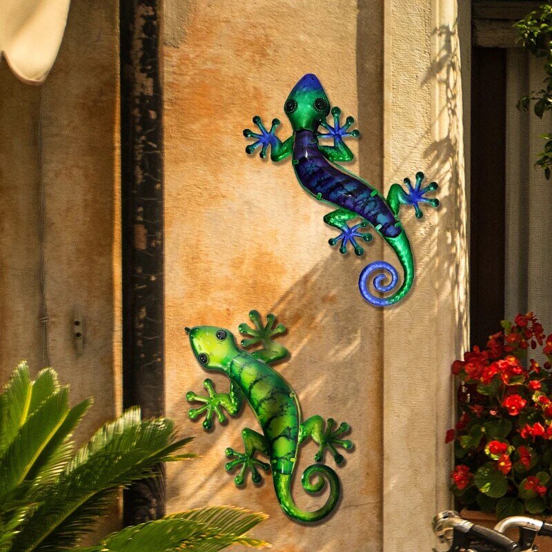2 pezzi in metallo geco Wall Art con pittura in vetro verde per giardino decorazione esterna statue e sculture di animali fratello