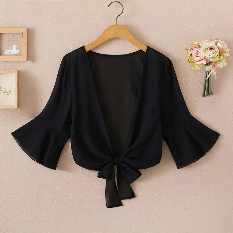 Lange Chiffon Blouse Vest Zomer 2020 Vrouw V-hals Tie Taille Blouse Shirt Zwart Ruche Mouw Top Kant Strand Blouse cover Up