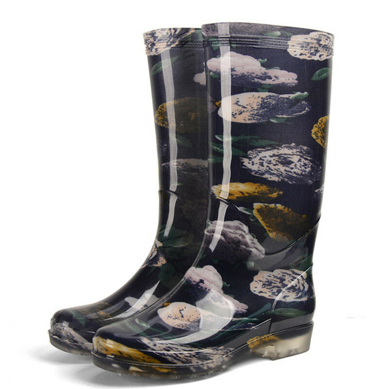 Rouroliu Women's Printed High Rainboots Waterproof Water Shoes Wellies Non-Slip PVC Rain Boots Woman RB268