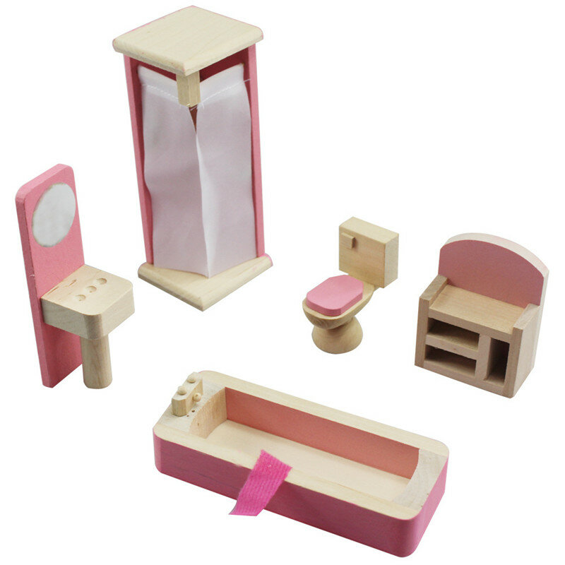 Móveis Dollhouse de madeira para crianças, Brinquedo em miniatura para crianças, Mini Conjuntos de móveis, Brinquedos de boneca
