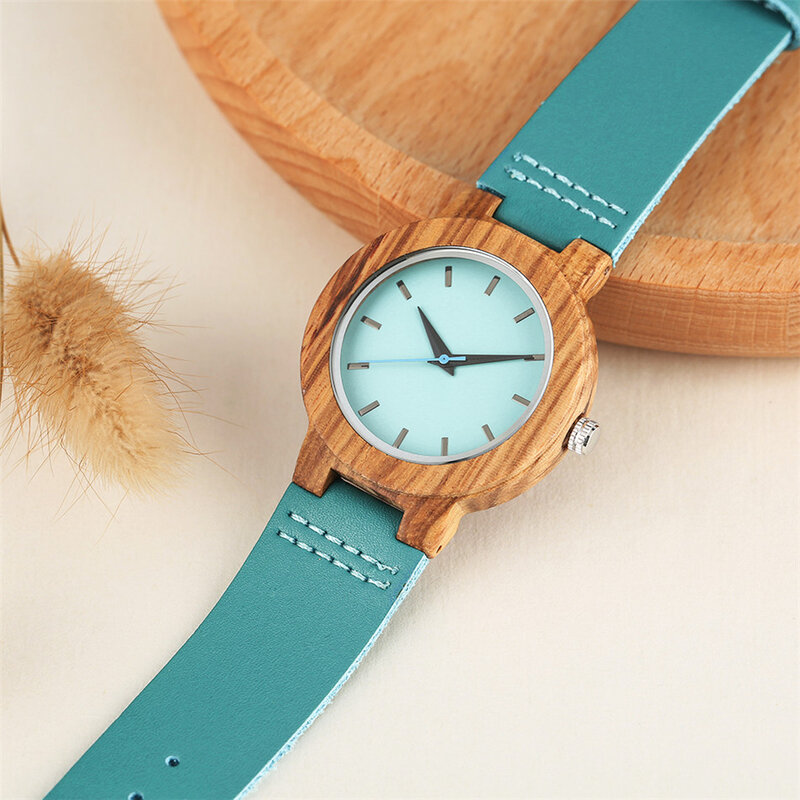 Unique Blue Genuine Leather Quartz Watch Men Women Fashion Minimalist Zebrawood Watch Case Couple Wristwatches Anniversary Gift